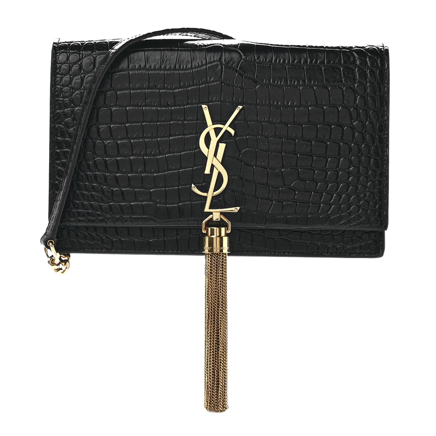 Calfskin Crocodile Embossed Kate Monogram Tassel Chain Wallet Black
