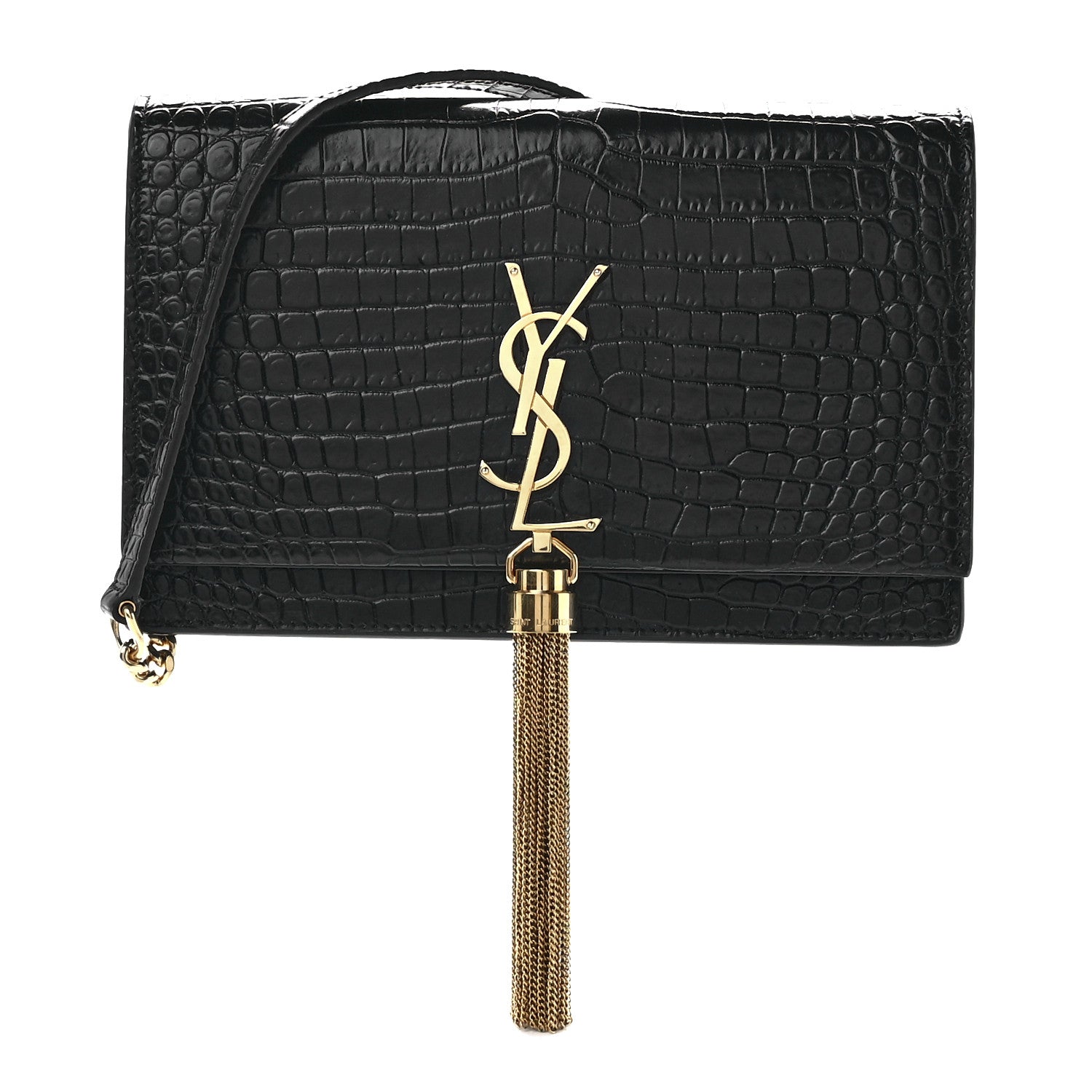Saint Laurent Calfskin Crocodile Embossed Kate Monogram Tassel Chain Wallet Black 1 of 9