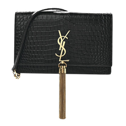 Saint Laurent Calfskin Crocodile Embossed Kate Monogram Tassel Chain Wallet Black 1 of 9