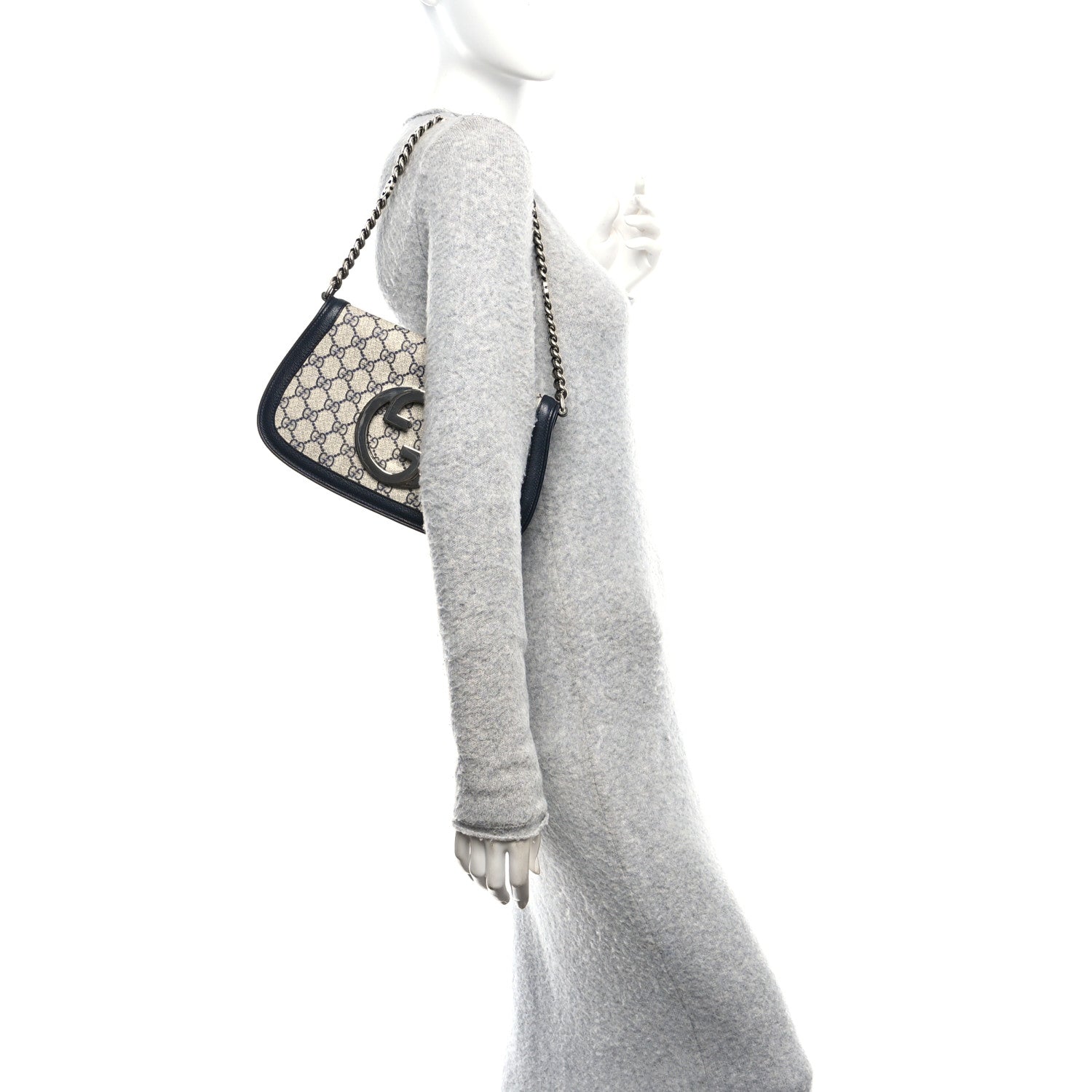 Gucci GG Supreme Monogram Textured Dollar Calfskin Blondie Chain Shoulder Flap Bag Beige Blue 2 of 10