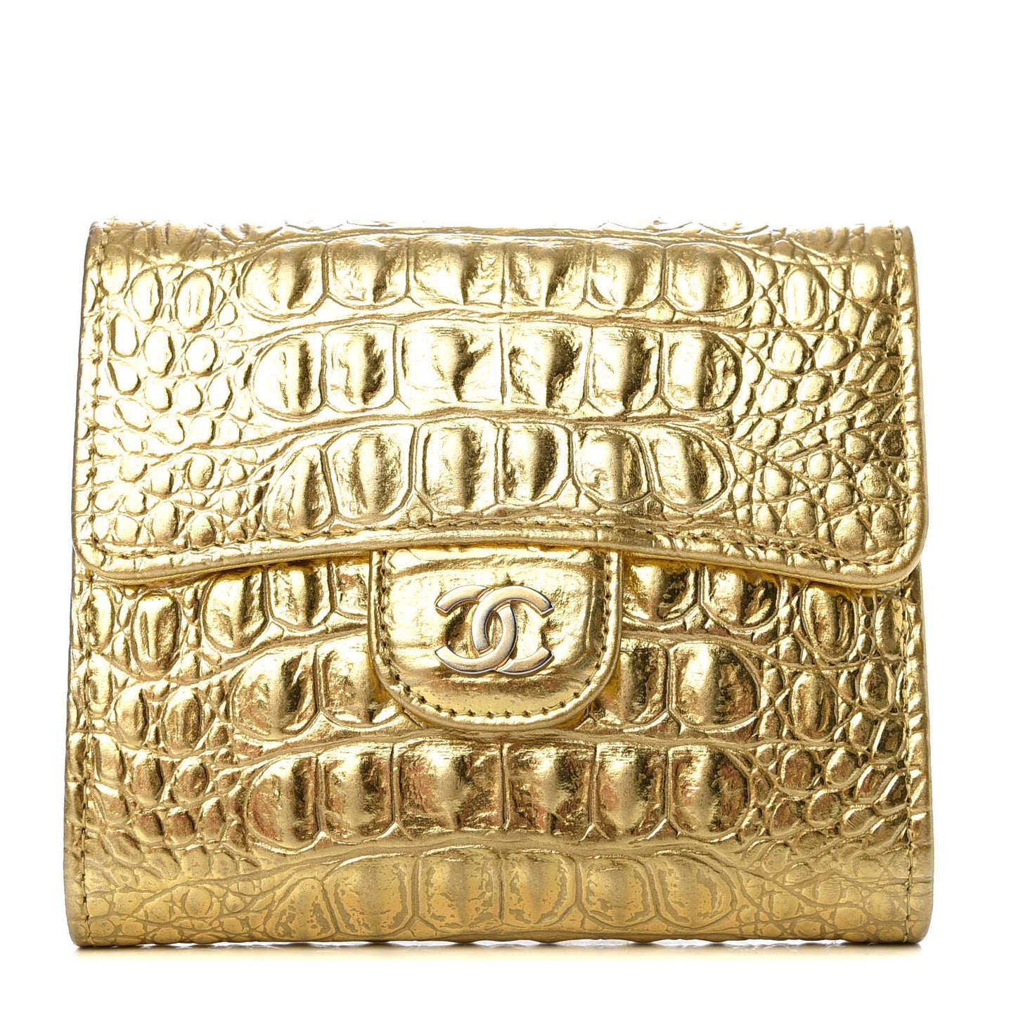 Metallic Calfskin Crocodile Embossed Cocodile Compact Flap Wallet Gold