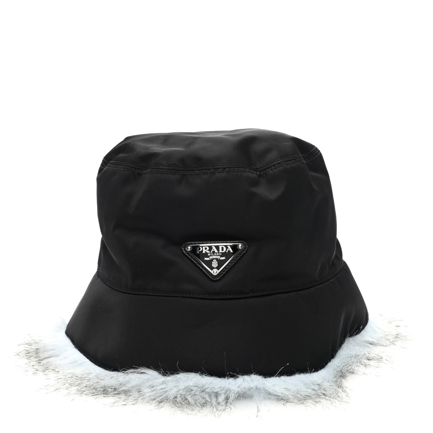Prada Re-Nylon Faux Fur Metal Triangle Logo Womens Bucket Hat L Black Astro 3 of 8