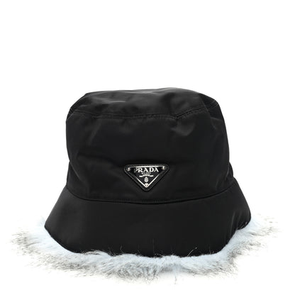 Prada Re-Nylon Faux Fur Metal Triangle Logo Womens Bucket Hat L Black Astro 3 of 8