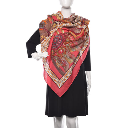 Hermes Cashmere Silk La Danse Du Cheval Shawl 140 Rose Vif Orange Fuchsia 2 of 4