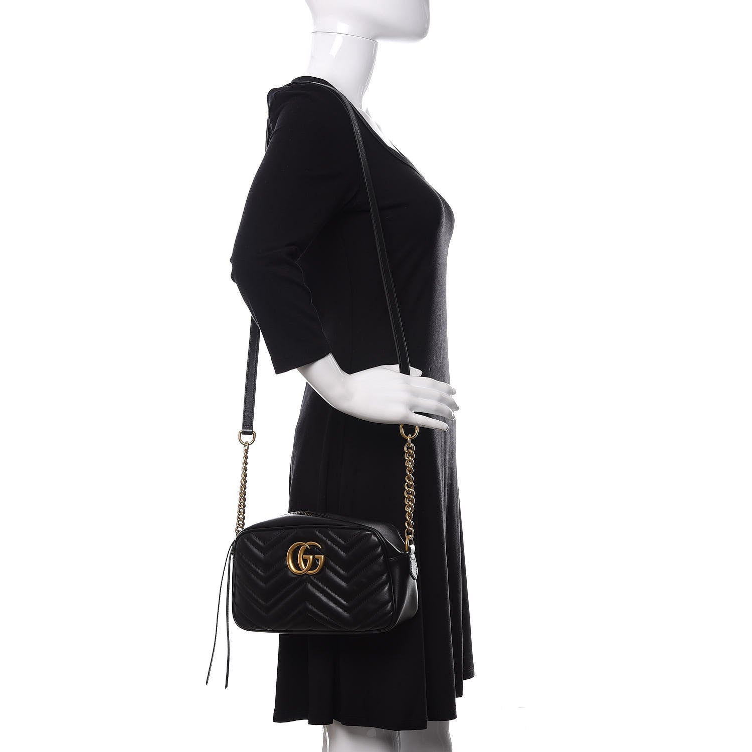 Gucci Calfskin Matelasse Small GG Marmont Chain Shoulder Bag Black 2 of 10