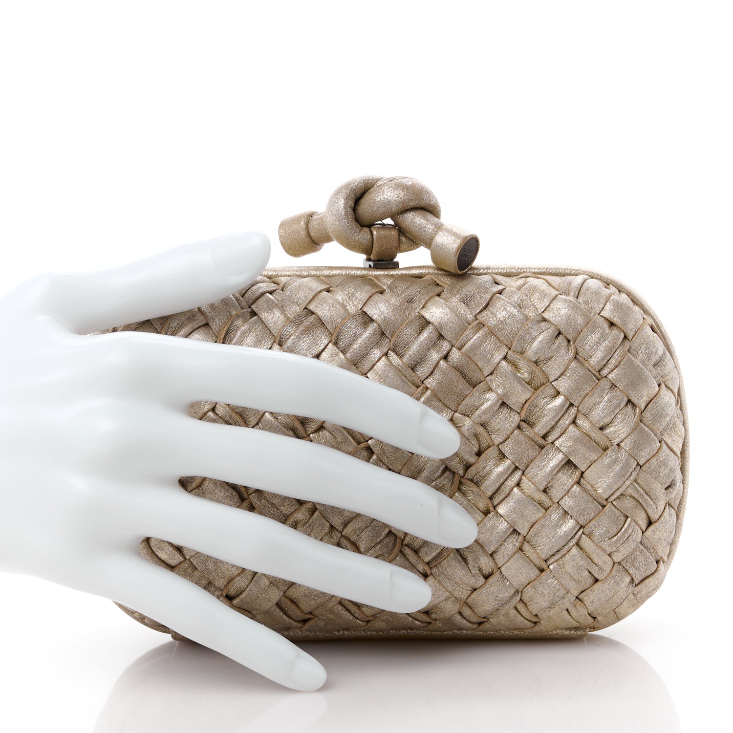 Bottega Veneta Metallic Nappa Intrecciato Distressed Knot Clutch Beige 2 of 10