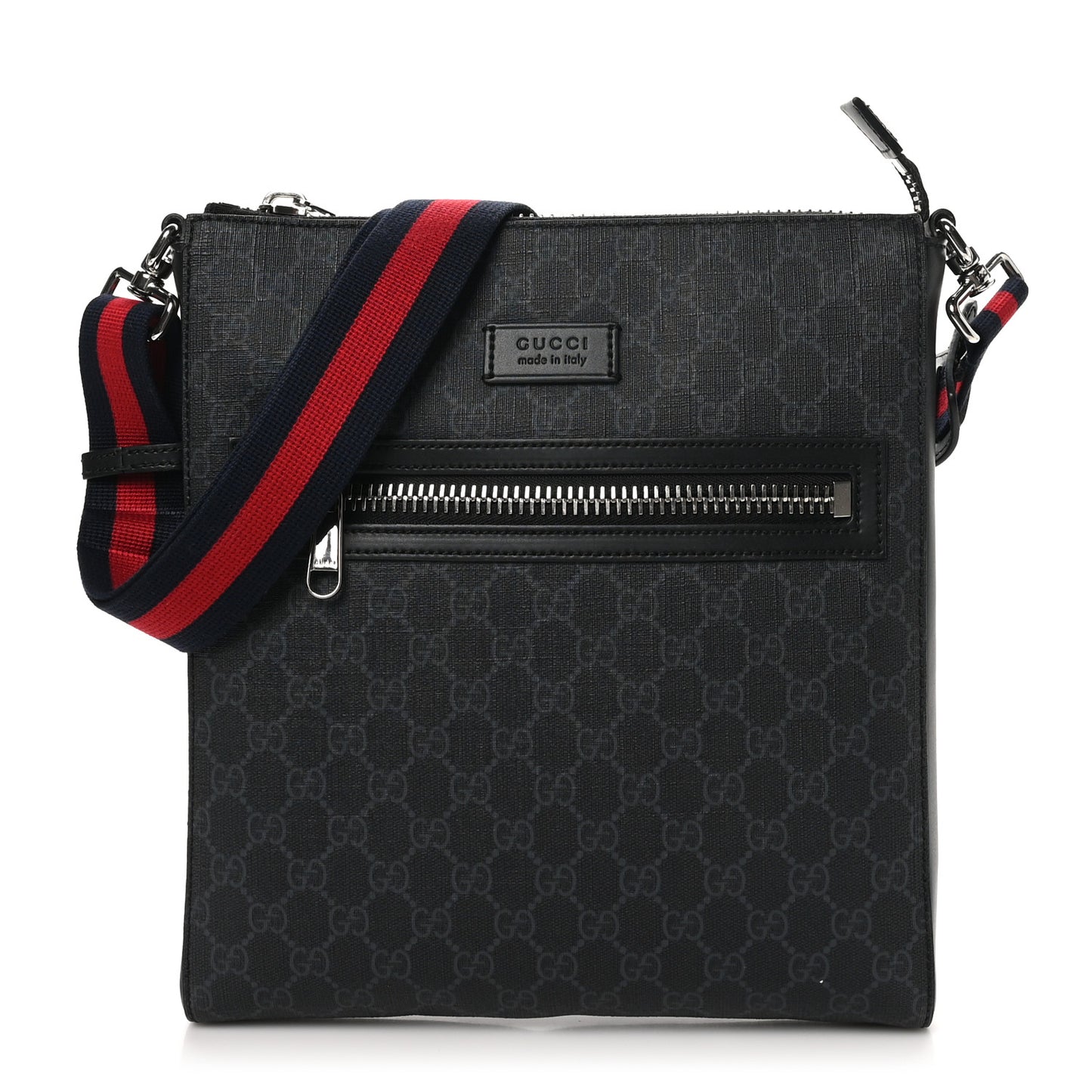 GG Supreme Monogram Appia Calfskin Web Flat Messenger Bag Black Grey