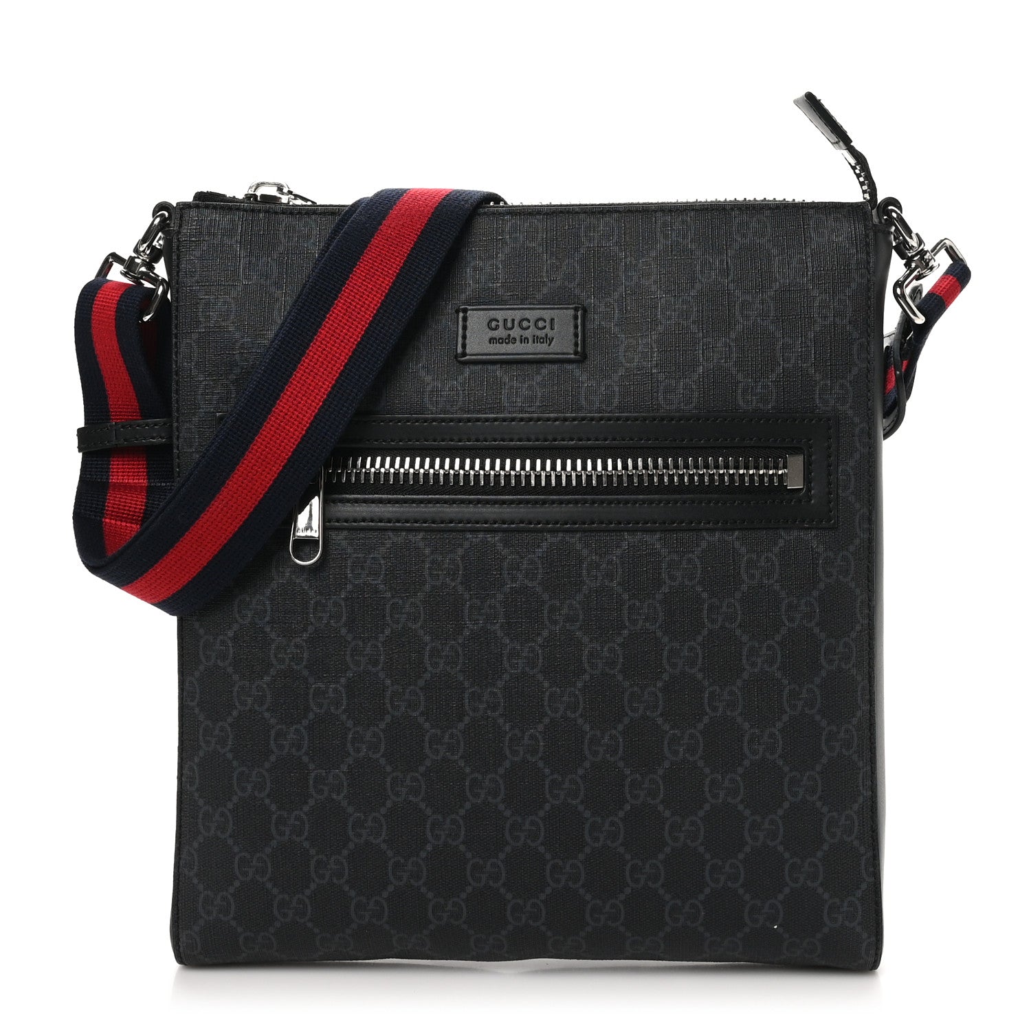 Gucci GG Supreme Monogram Appia Calfskin Web Flat Messenger Bag Black Grey 1 of 10