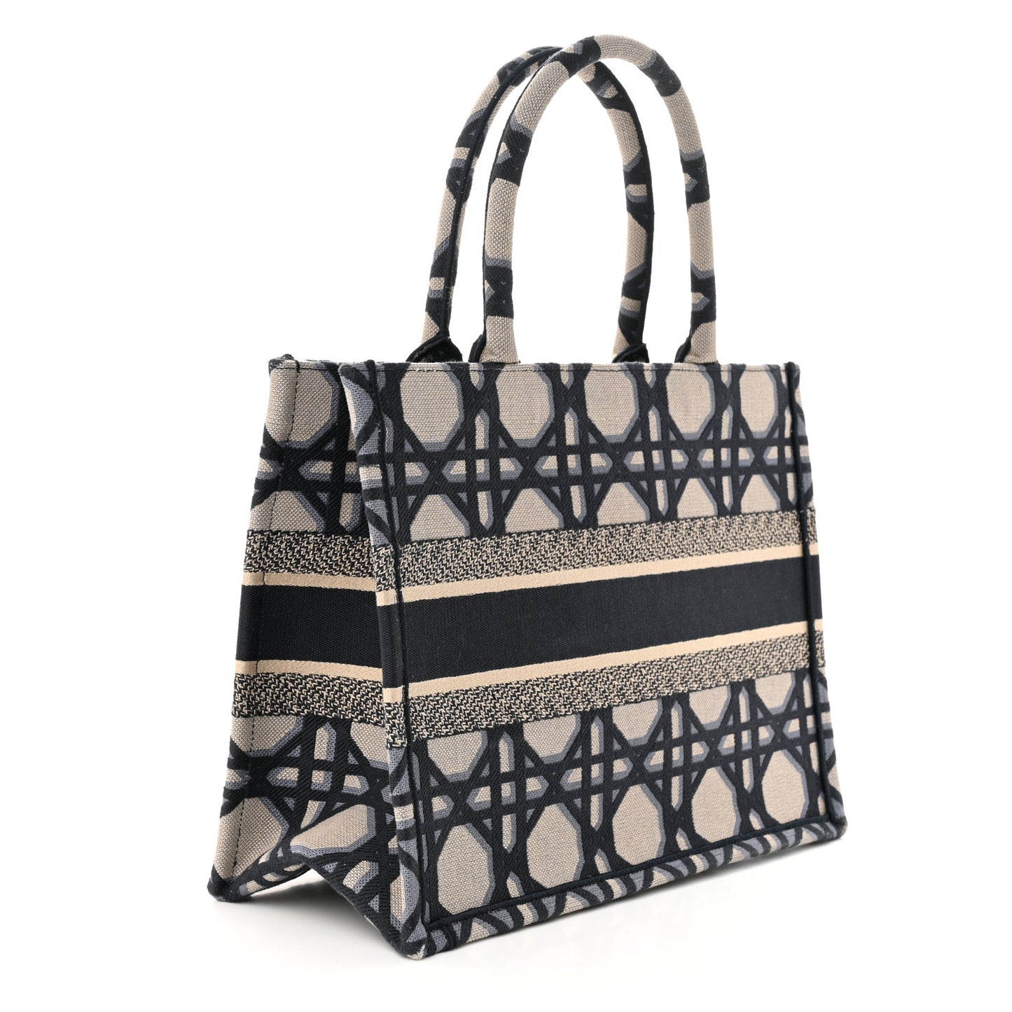 Canvas Macrocannage Embroidered Medium Book Tote Beige Blue