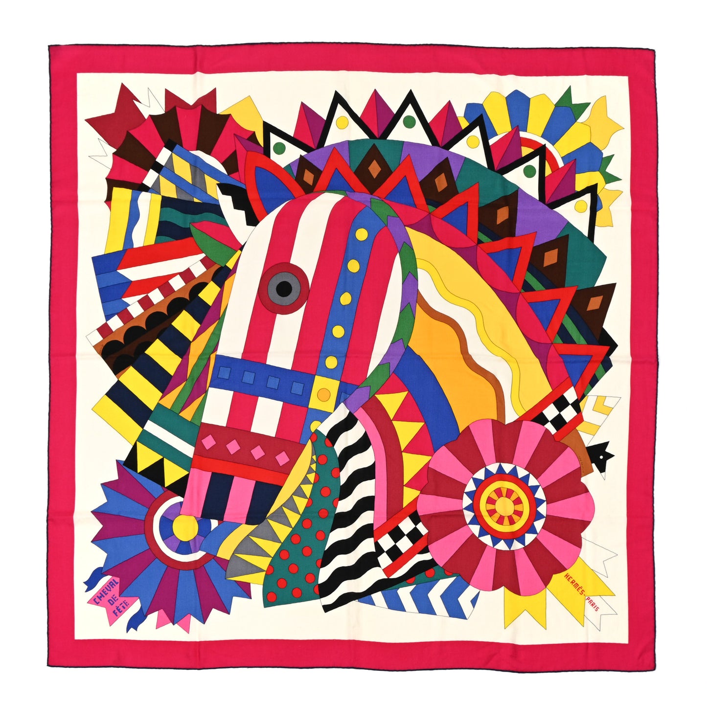 Cashmere Silk Cheval De Fete Shawl 140 Rose Vif White Multicolor