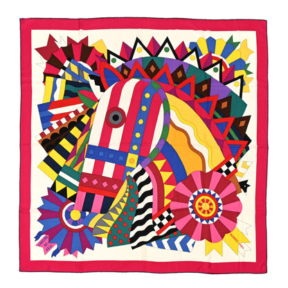 Hermes Cashmere Silk Cheval De Fete Shawl 140 Rose Vif White Multicolor 1 of 5
