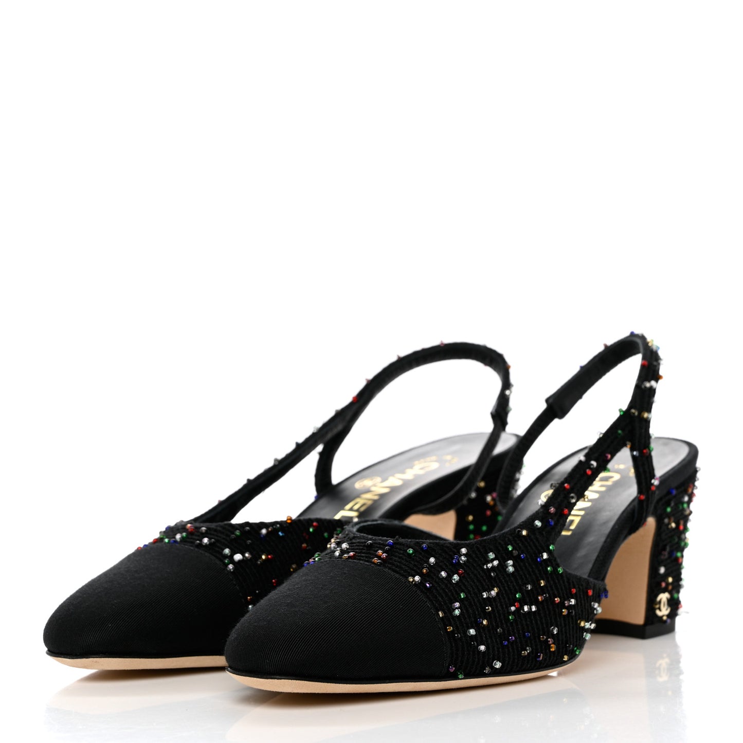 Tweed Beaded Cap Toe CC Slingback Pumps 38 Black