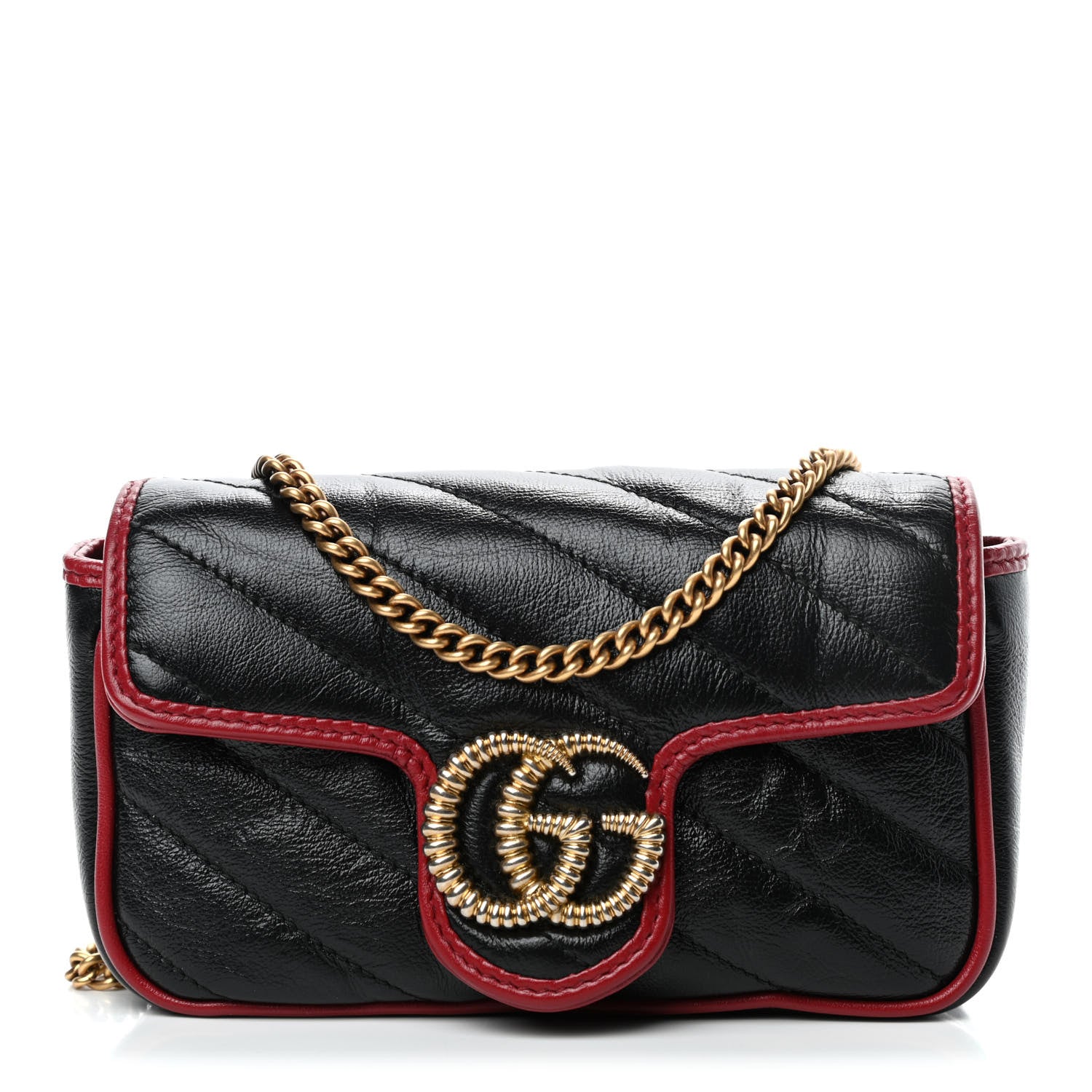 Gucci Vintage Effect Calfskin Matelasse Diagonal Super Mini Torchon GG Marmont Shoulder Bag Black Romantic Cherry 1 of 4