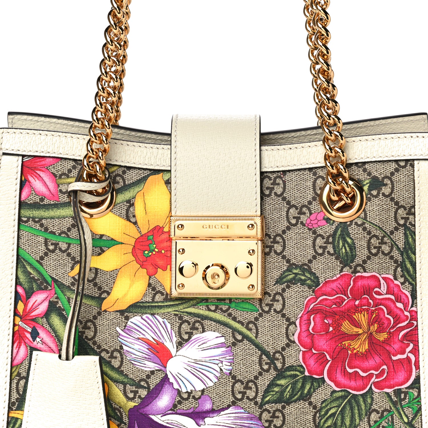 Gucci GG Supreme Monogram Flora Textured Calfskin Small Padlock Tote Beige Ebony Multicolor Mystic White 9 of 11