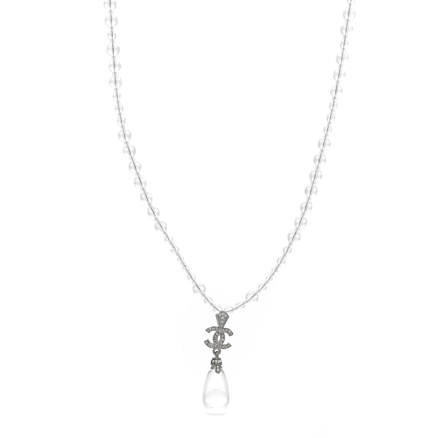 Crystal Bead CC Drop Necklace Silver