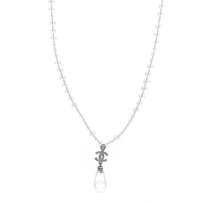 Chanel Crystal Bead CC Drop Necklace Silver 1 of 5