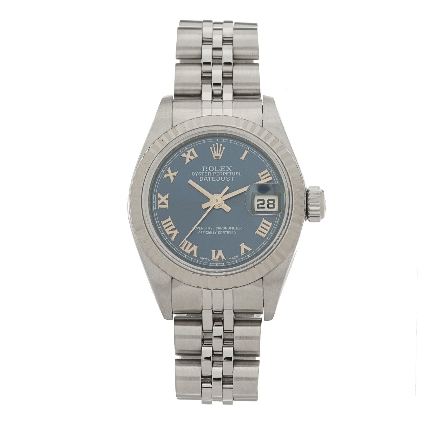 Rolex Stainless Steel 18K White Gold 26mm Oyster Perpetual Datejust Watch Blue Roman 79174 1 of 4