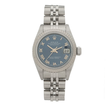 Rolex Stainless Steel 18K White Gold 26mm Oyster Perpetual Datejust Watch Blue Roman 79174 1 of 4