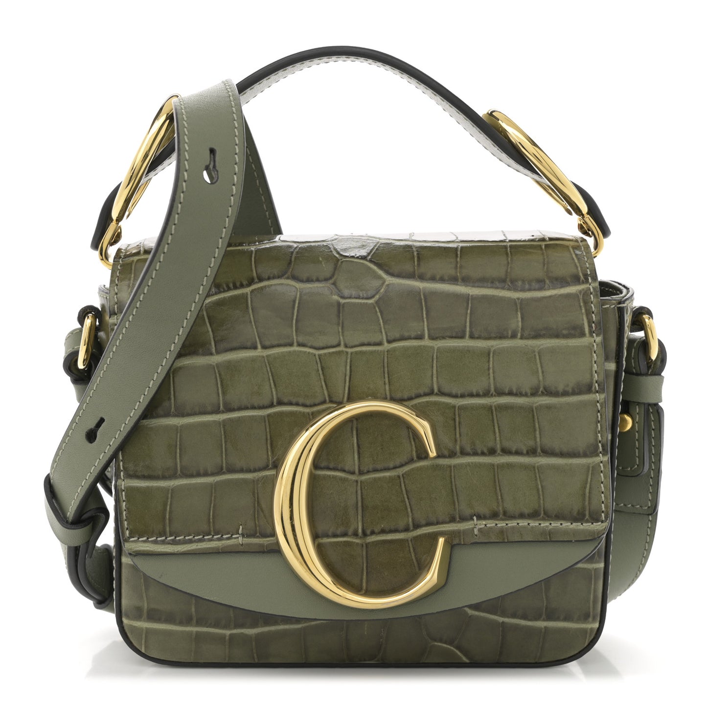 Calfskin Crocodile Embossed Mini C Double Carry Misty Forest