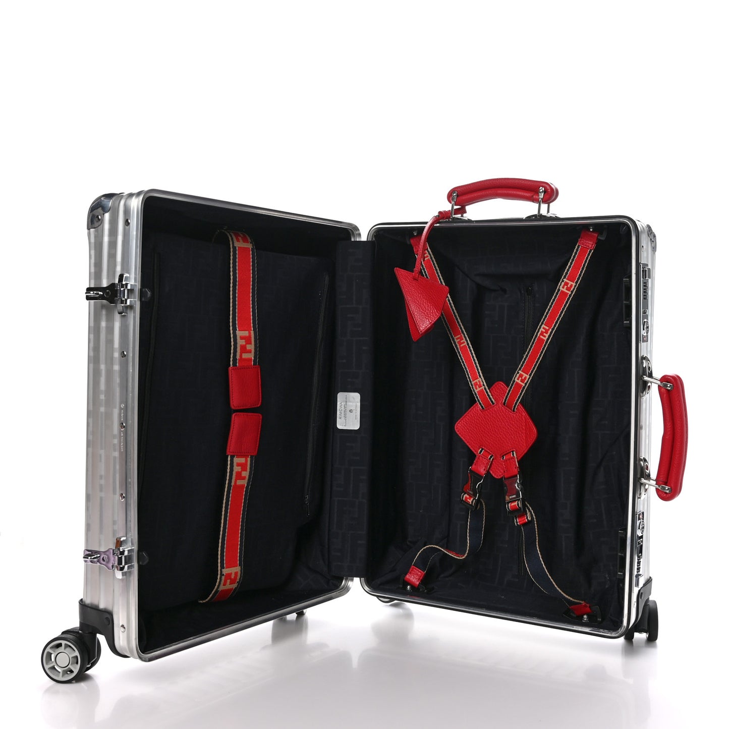 X RIMOWA Aluminum FF Print Roll Away Carry On Luggage Silver Red