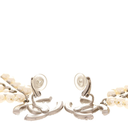 Chanel Crystal Pearl CC Drop Clip On Earrings Silver 3 of 5