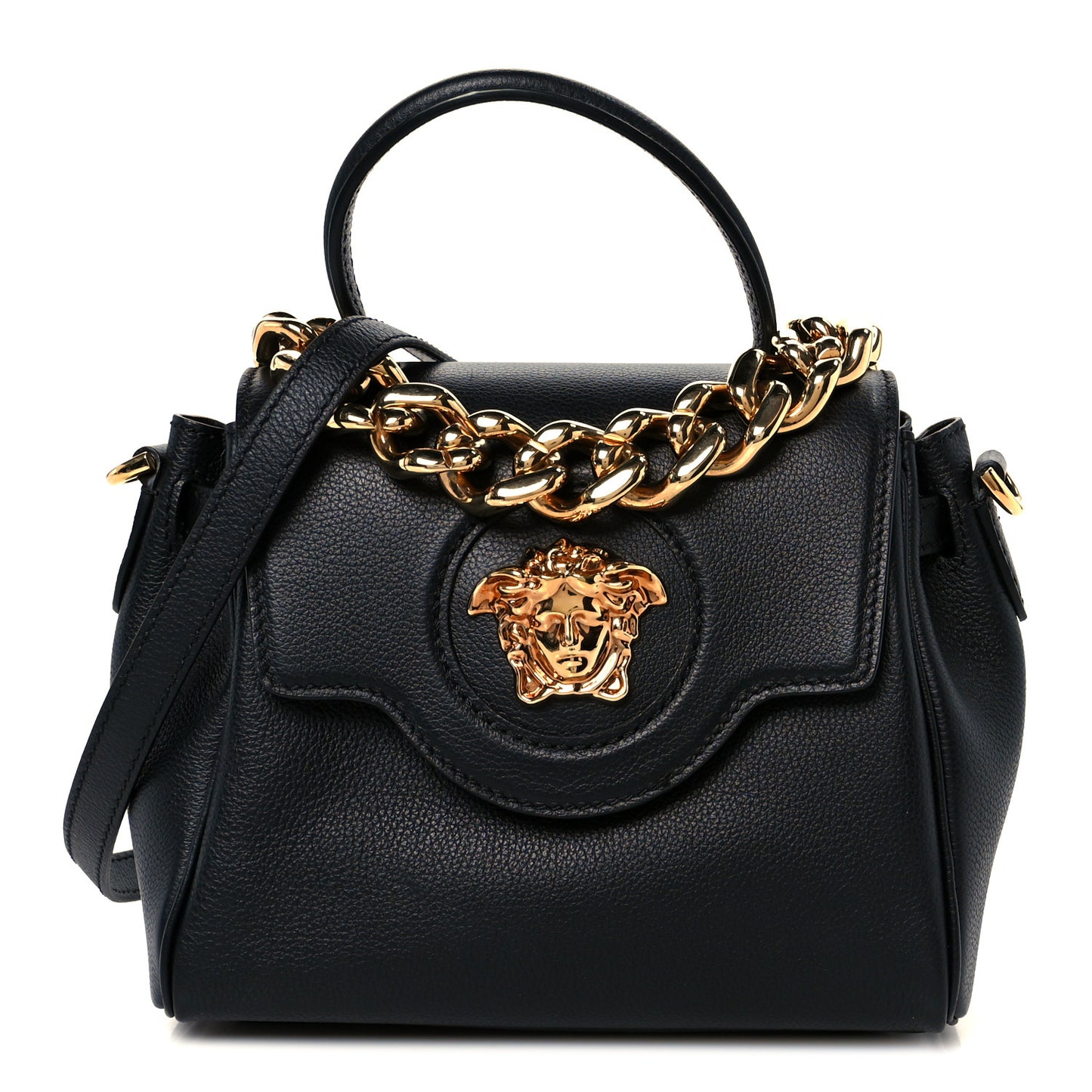 Grained Calfskin Small La Medusa Top Handle Bag Black