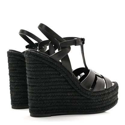 Saint Laurent Calfskin Tribute 95 Platform Espadrille Wedge Sandals 37 Black 4 of 13