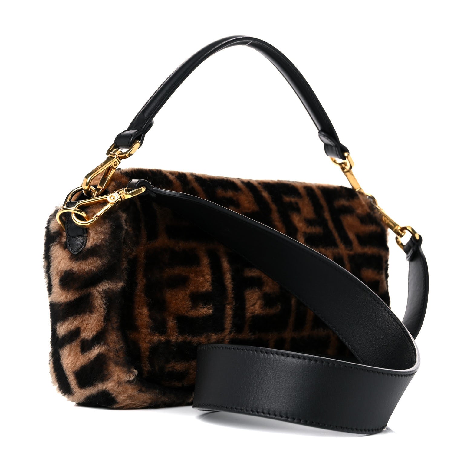 Fendi Shearling Vitello Dolce Macro FF 1974 Baguette Tobacco Black 3 of 10