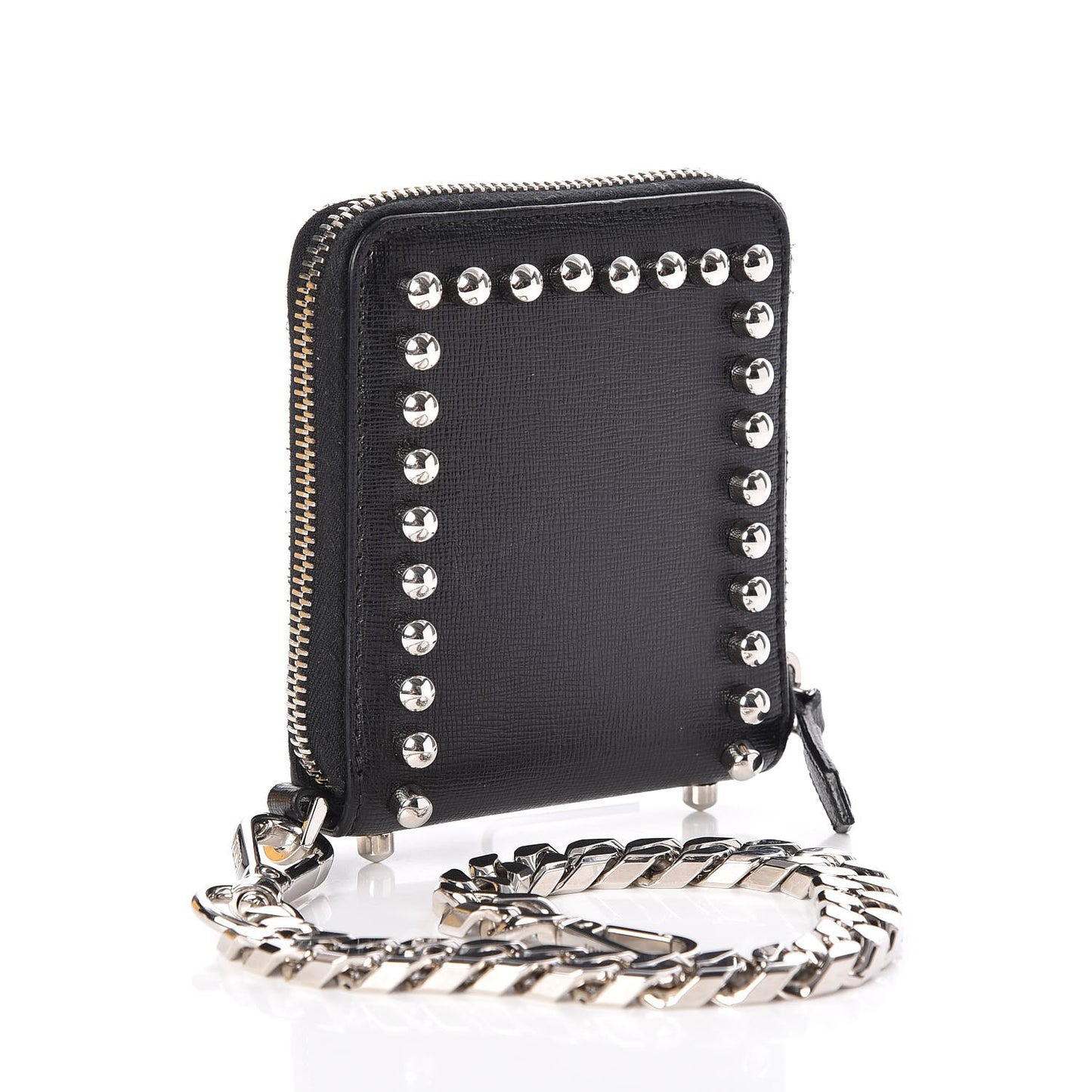 Vitello Elite Flamingo Mink Karlito Studded Zip Around Chain Wallet Black White Plaster