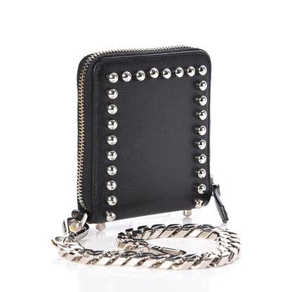 Fendi Vitello Elite Flamingo Mink Karlito Studded Zip Around Chain Wallet Black White Plaster 3 of 9