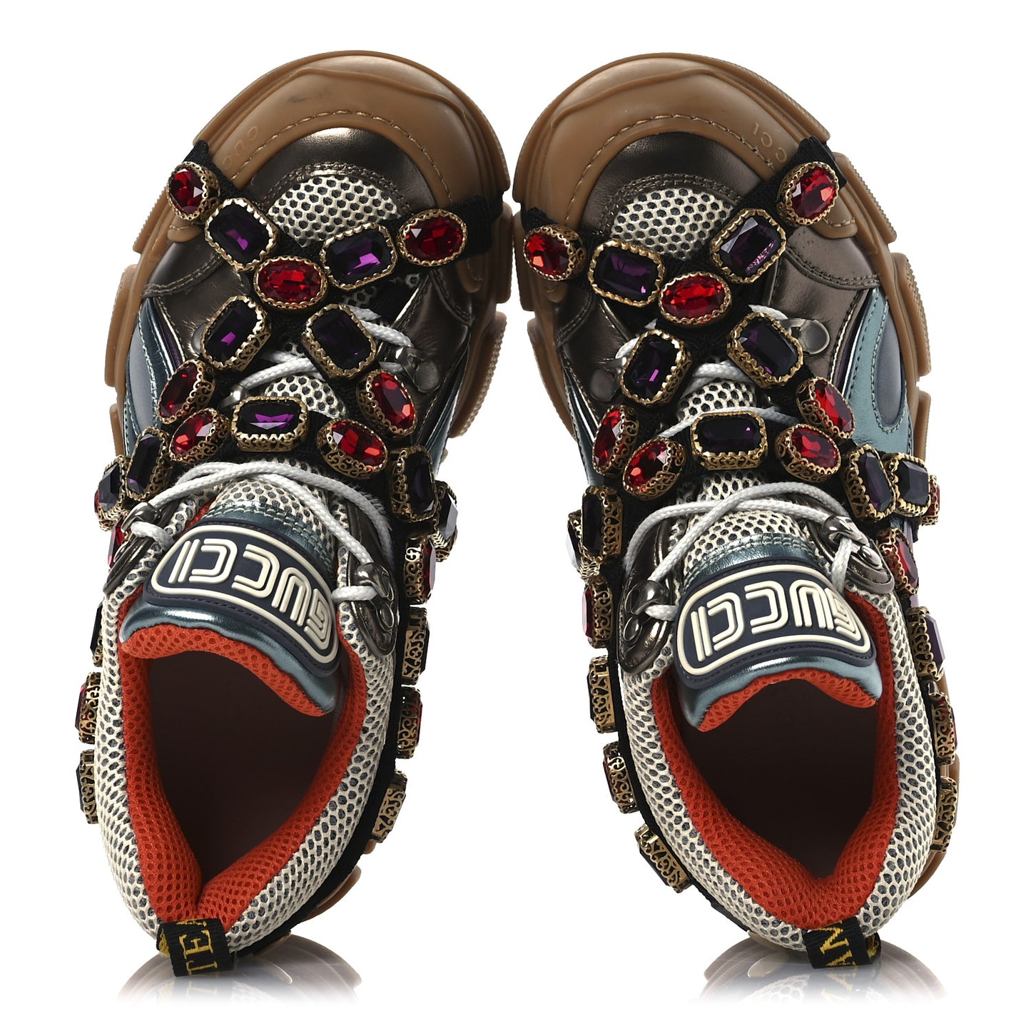 X SEGA Mesh Suede Calfskin Removable Crystals Womens Flashtrek Sneakers 36 Rame Mystic White Lago