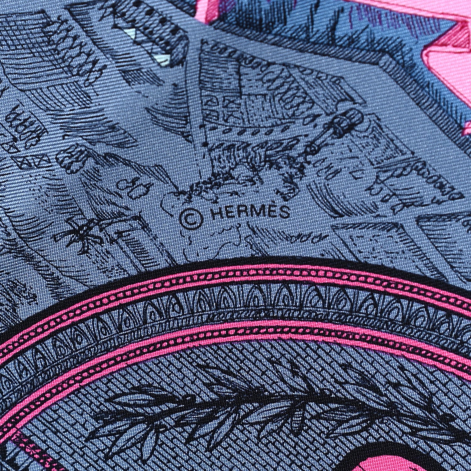 Hermes Silk Twill La Cite Cavaliere Scarf 90 Bleu Jean Rose Gris 4 of 5