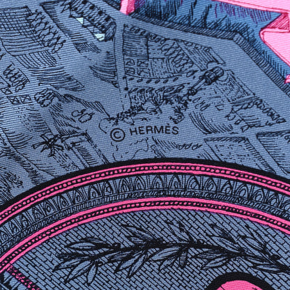 Hermes Silk Twill La Cite Cavaliere Scarf 90 Bleu Jean Rose Gris 4 of 5
