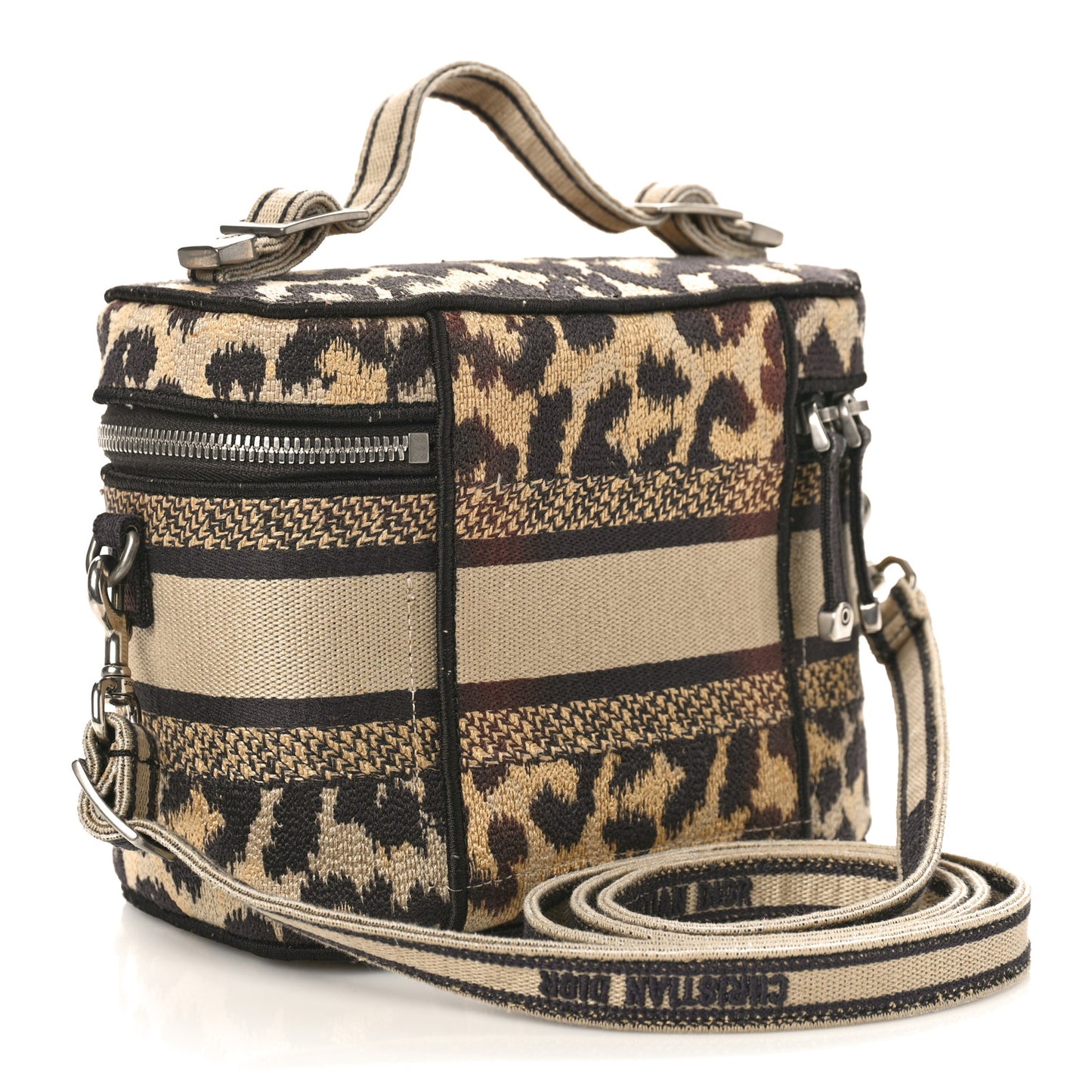 Canvas Mizza Embroidered Small Leopard Travel Vanity Case Beige