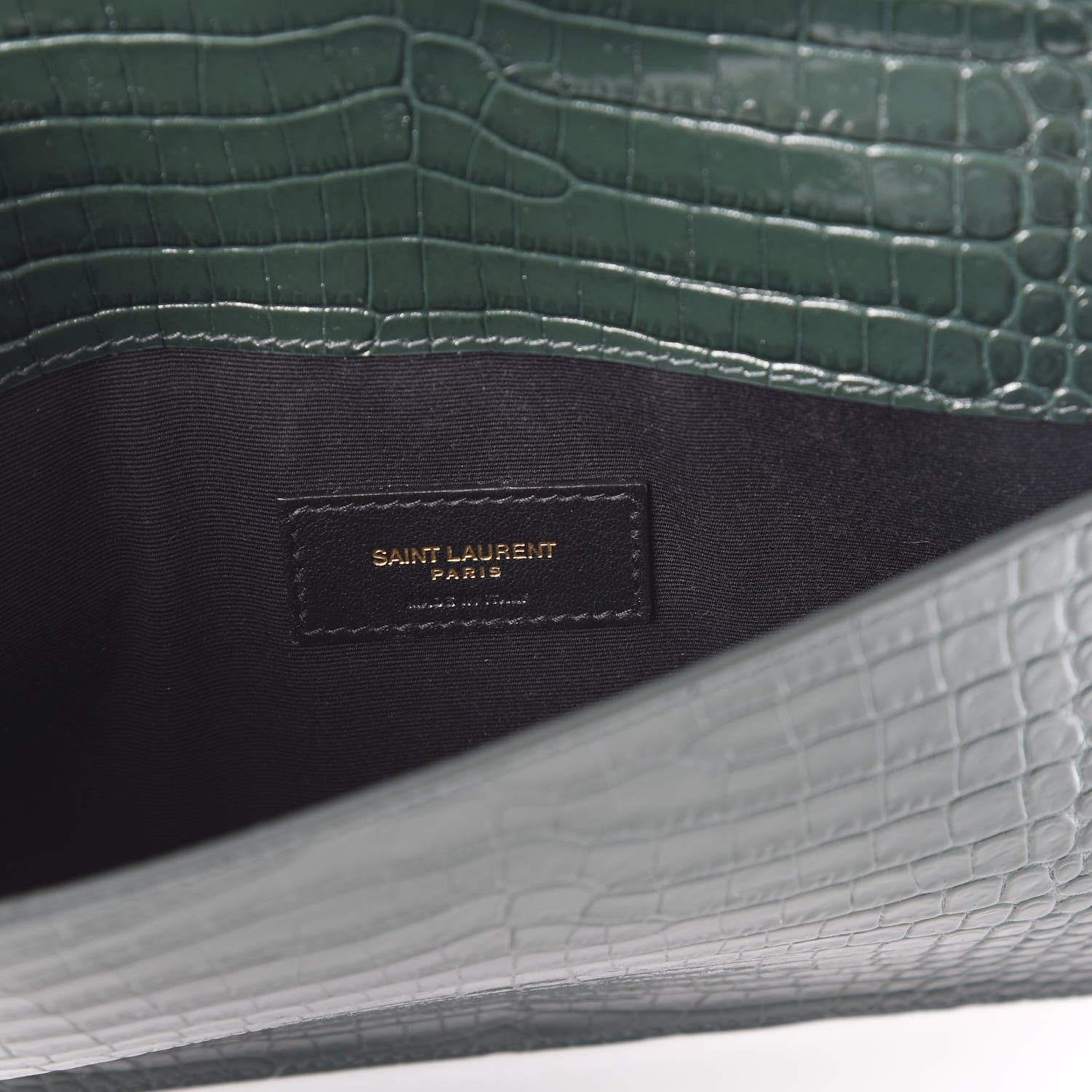 Saint Laurent Calfskin Crocodile Embossed Uptown Monogram Clutch Dark Green 5 of 9