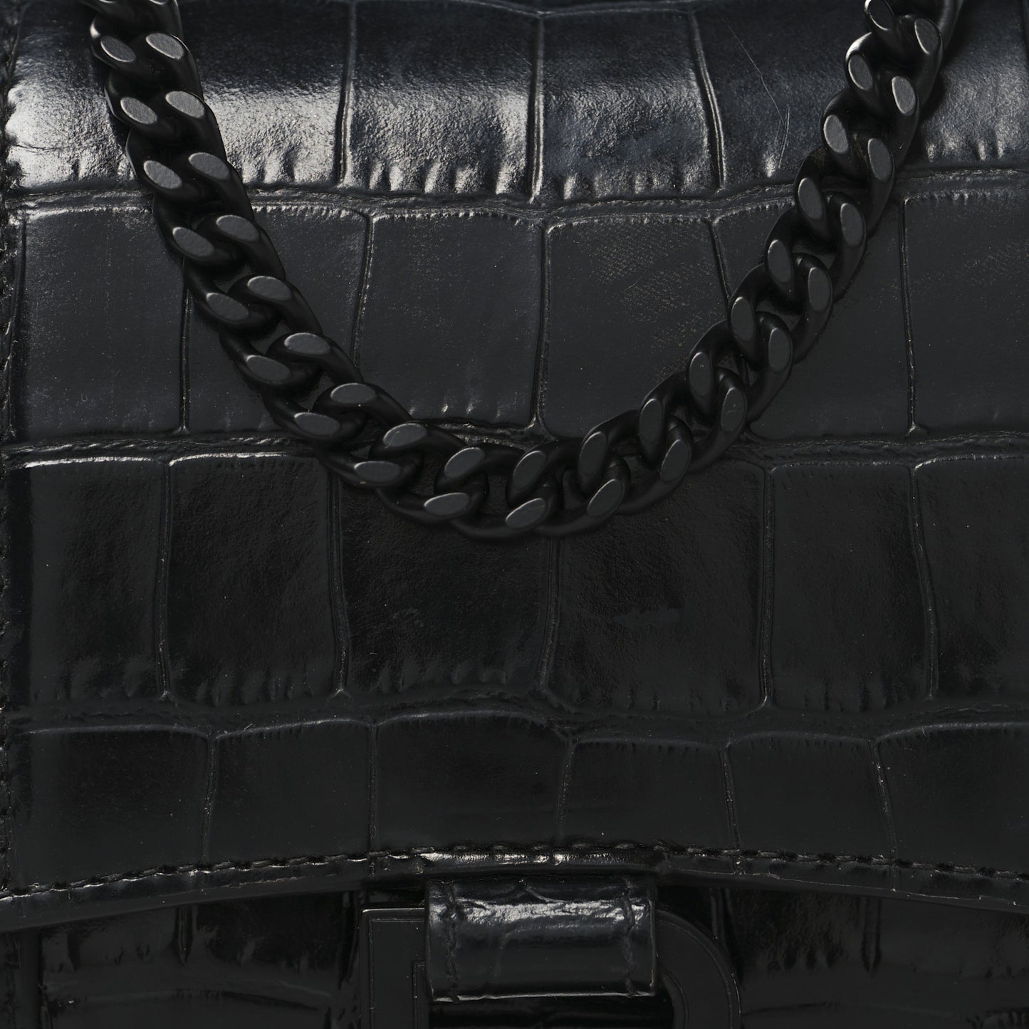 Shiny Calfskin Monochrome Crocodile Embossed Small Hourglass Evening Chain Bag Black