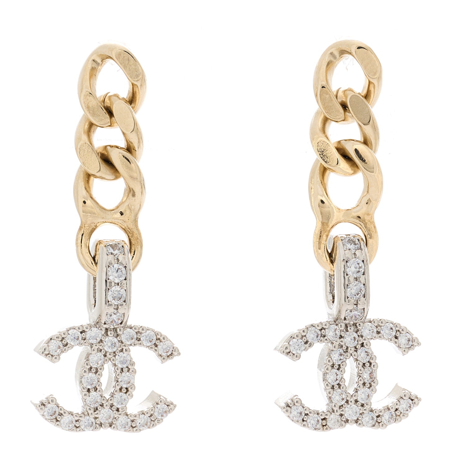 Chanel Metal Crystal CC Chain Drop Earrings Gold 1 of 5