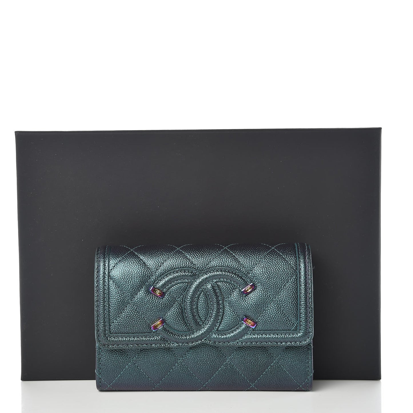 Iridescent Caviar Quilted Medium Filigree Flap Wallet Dark Turquoise