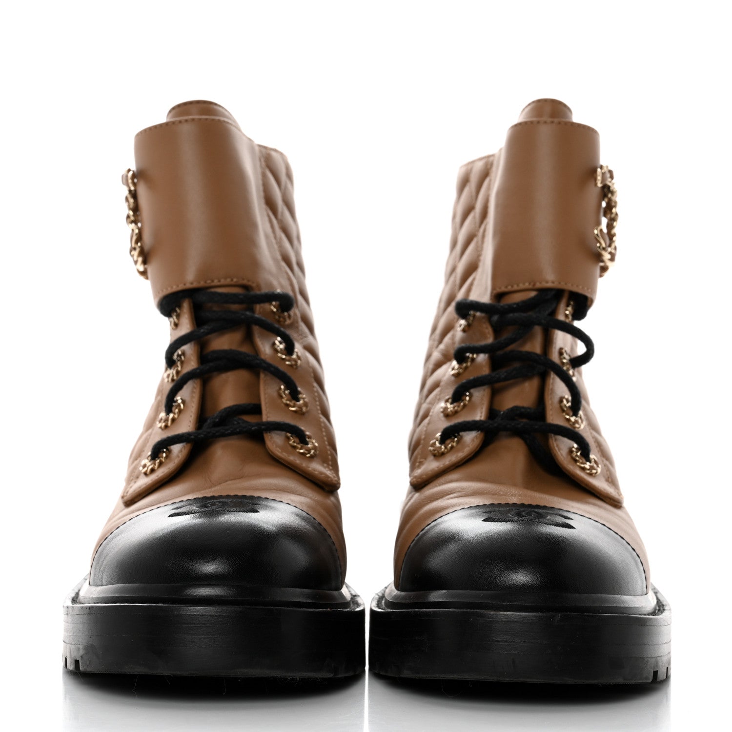 Chanel Lambskin Calfskin Quilted Lace Up Combat Boots 39.5 Light Brown Black 2 of 9