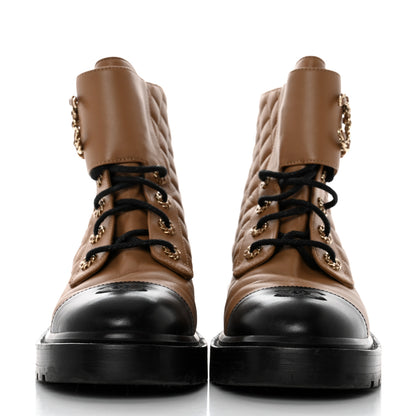Chanel Lambskin Calfskin Quilted Lace Up Combat Boots 39.5 Light Brown Black 2 of 9