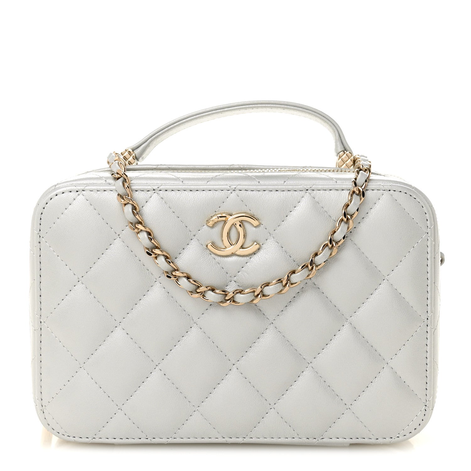 Chanel Metallic Lambskin Quilted Top Handle Vanity Case Silver 1 of 13