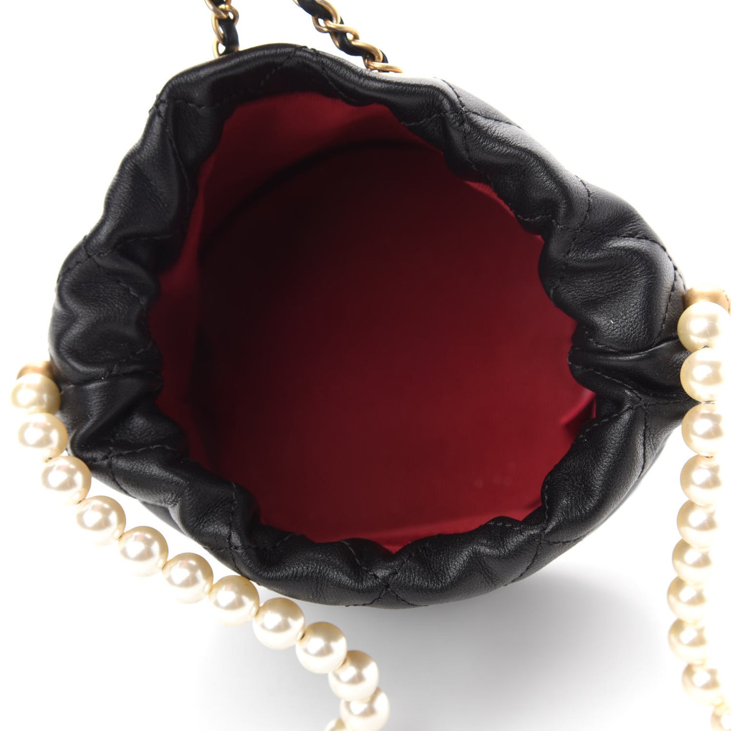 Calfskin Quilted Pearl Mini About Pearls Drawstring Bucket Bag Black