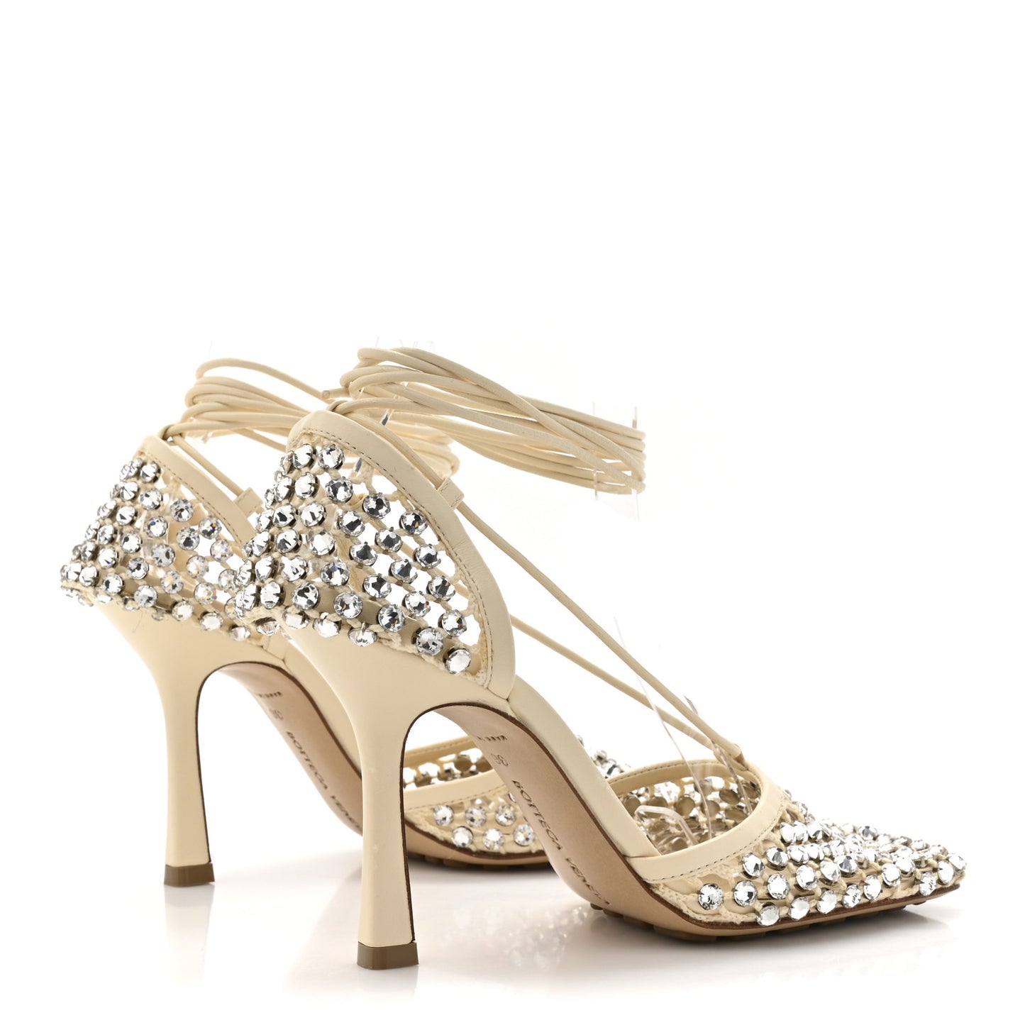 Mesh Nappa Crystal Embellished Sparkle Stretch Ankle Tie 90mm Sandals 36 White