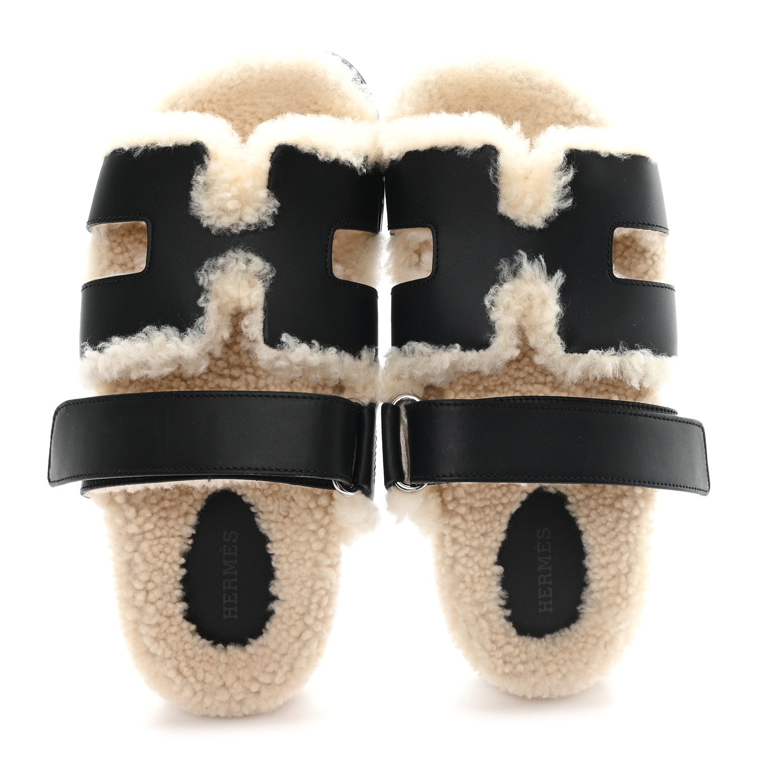 Hermes Calfskin Woolskin Womens Chypre Sandals 37.5 Black Ecru 2 of 8