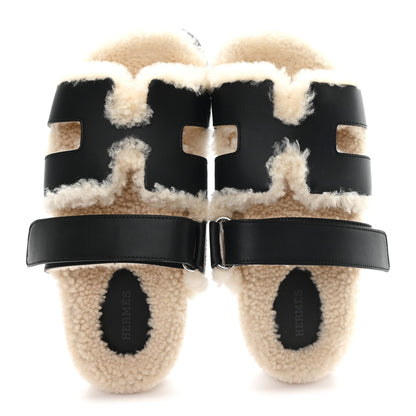 Hermes Calfskin Woolskin Womens Chypre Sandals 37.5 Black Ecru 2 of 8