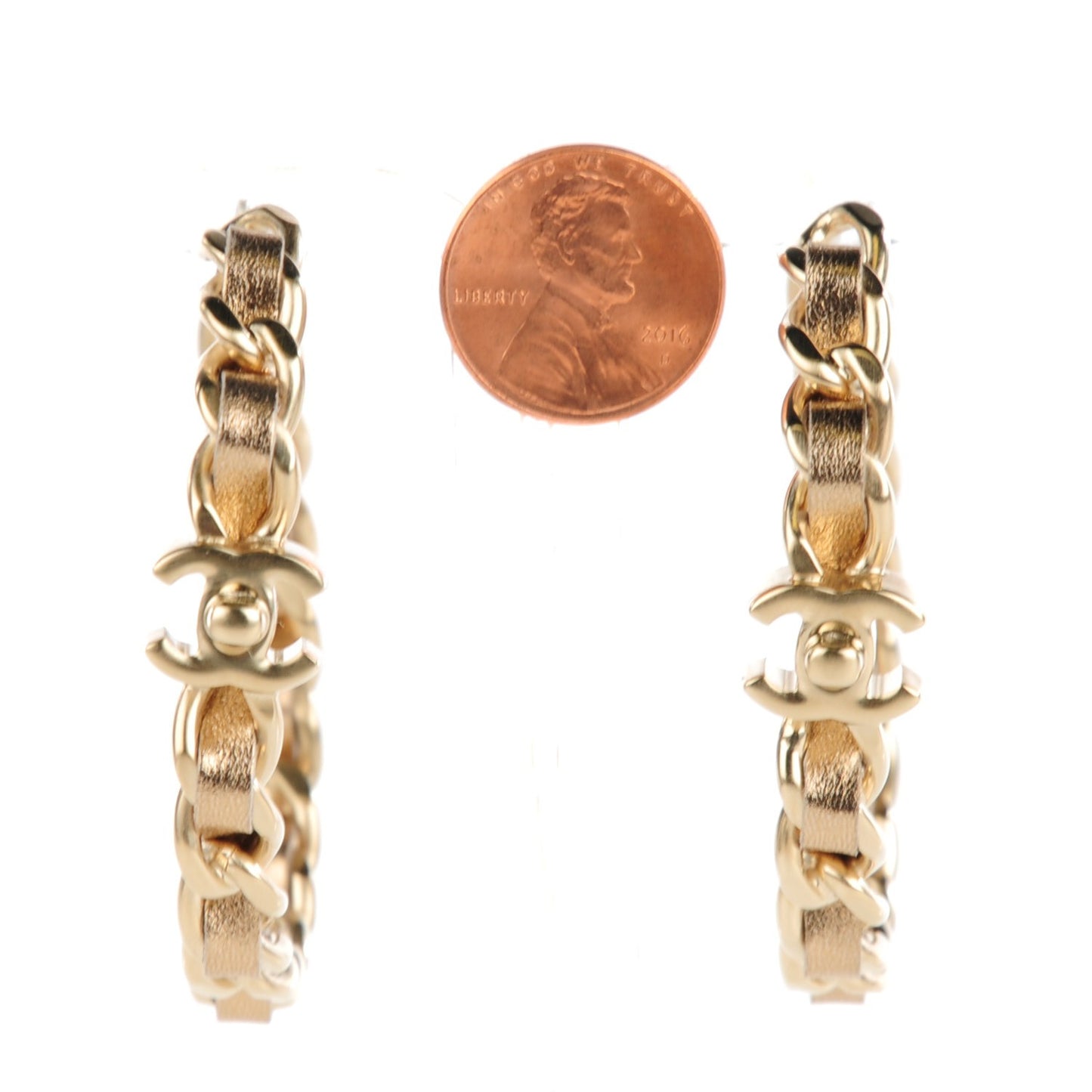 Metal Lambskin CC Turnlock Chain Hoop Earrings Matte Gold