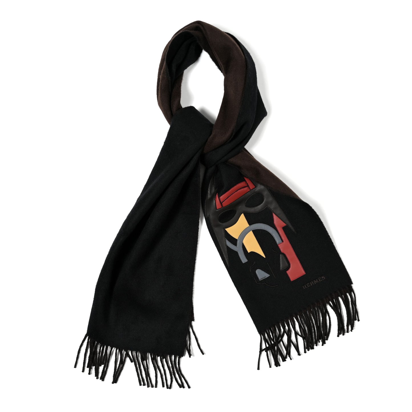 Cashmere Lambskin Patch Cuir Super H Muffler Black Marron Pollen