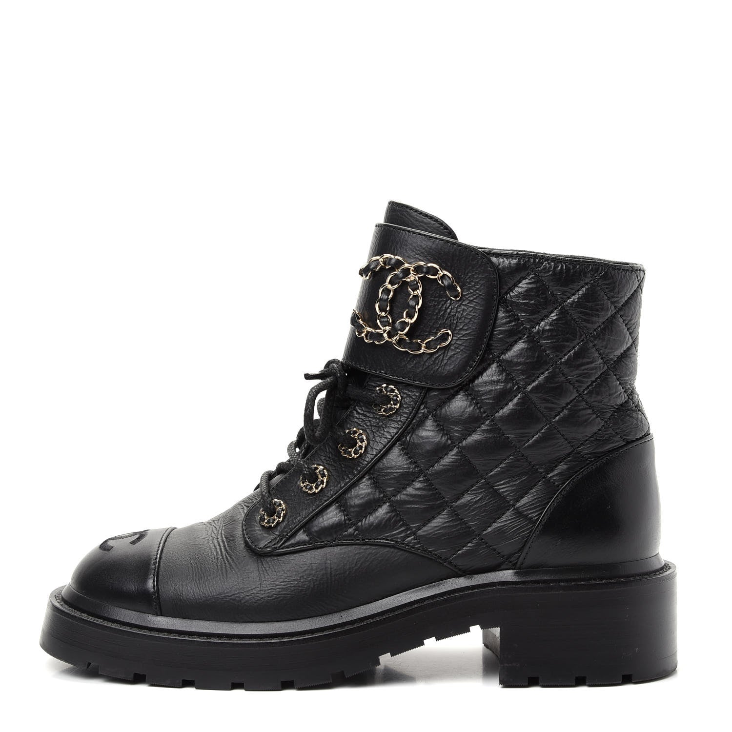 Chanel Shiny Goatskin Calfskin Quilted Lace Up Combat Boots 38 Black 1 of 10