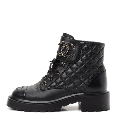 Chanel Shiny Goatskin Calfskin Quilted Lace Up Combat Boots 38 Black 1 of 10