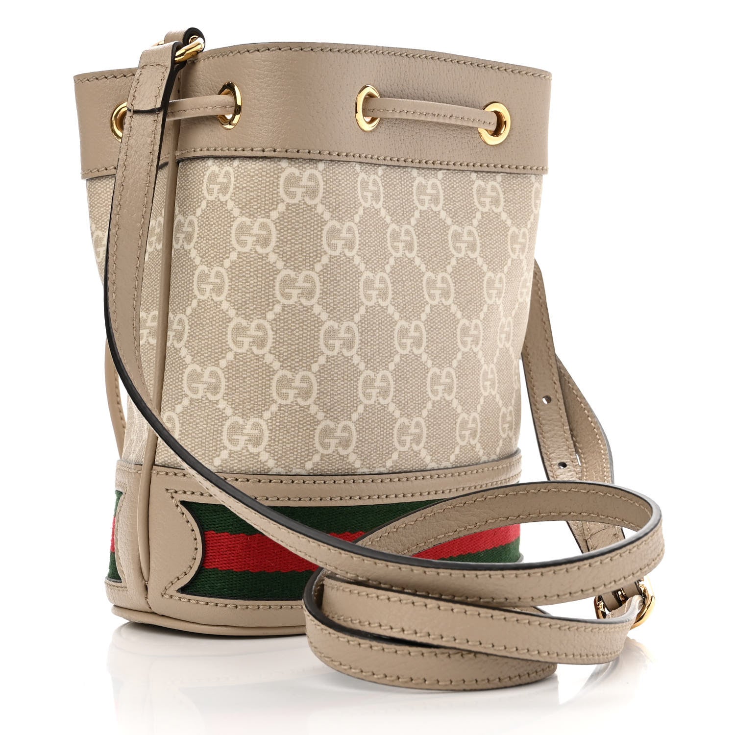 Gucci GG Supreme Monogram Textured Calfskin Web Mini Ophidia Bucket Bag Beige Mystic White Oatmeal 2 of 11